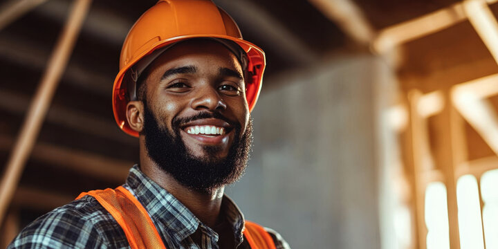 African-American male construction worker wearing helmet and protective clothing smiling in the background of construction site. Joyful worker, confident professional at the construction site.