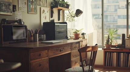 A wooden work desk set near a window, balancing natural light and a clear view of the entrance