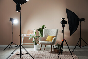 Professional photo studio equipment prepared for shooting living room interior