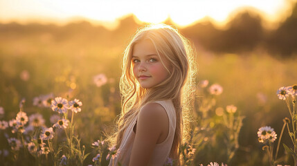 Young girl with long hair in a flower field during sunset, capturing a serene moment of nature