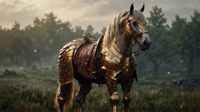 A medieval warhorse covered in enchanted golden armor, standing in a battlefield.