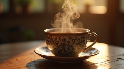 Fototapeta premium A Photorealistic Cup of Tea with Steam Rising, Captured in a Cozy Studio Setting with Soft Focus and Earthy Tones