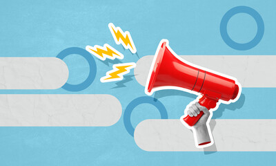 Lightning bolts flying out of megaphone in woman's hand on color background, creative art collage. Special occasion, announcement, sale or rumors