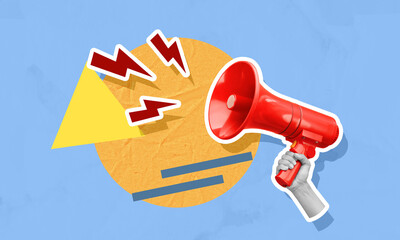 Lightning bolts flying out of megaphone in woman's hand on color background, creative art collage. Special occasion, announcement, sale or rumors