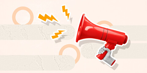 Lightning bolts flying out of megaphone in woman's hand on beige background, creative art collage....