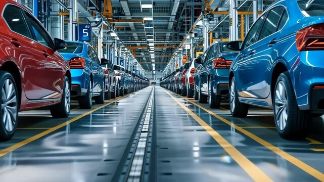 The image features a high-tech automotive manufacturing facility with rows of colorful cars awaiting final assembly, highlighting advanced engineering and automation in productivity.