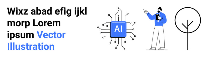 AI microchip with circuits, person analyzing data on notebook, and stylized tree graphic. Ideal for technology, innovation, AI, education, environment, modern design simple landing page