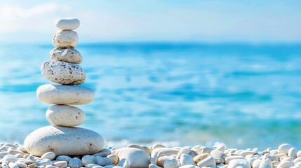 Fototapeta premium Beach Zen stones stack tranquility ocean serenity