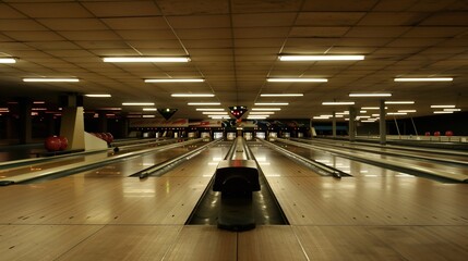 Empty bowling alley lanes, night, game, fluorescent lights, recreation, sport, indoor, leisure, activity, pinsetters