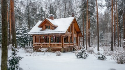 Snowy cabin, winter forest, festive decor