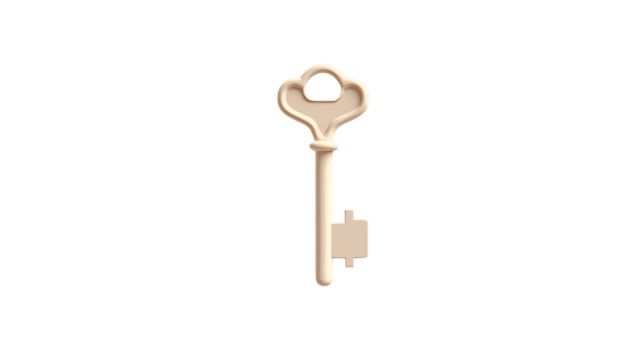 Isolated light beige key with ornate head on a stark black background in a centered compositionisolated on transparent background	