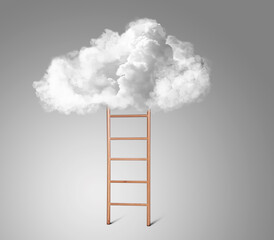Ladder leading to cloud on grey gradient background