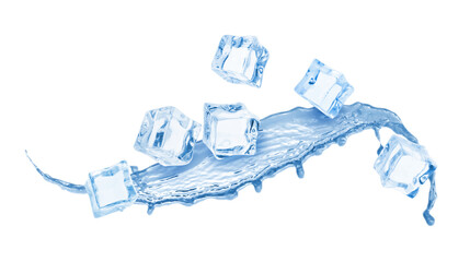 Ice cubes and splashing water on white background