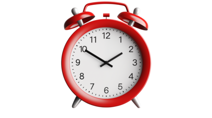 A red alarm clock with white face and black numbers on a black background showing the time is ten past twoisolated on transparent background	