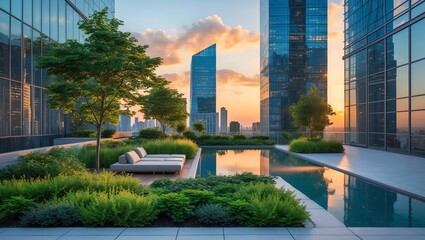 Obraz premium Modern Rooftop Garden with Lush Greenery and Infinity Pool
