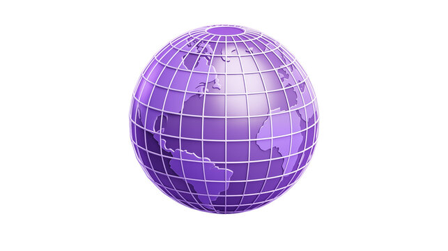 A purple globe with white grid lines on a black background showcasing continents and world geographyisolated on transparent background	