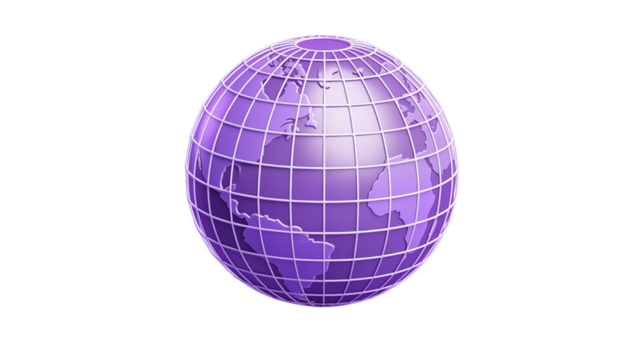 A purple globe with white grid lines on a black background showcasing continents and world geographyisolated on transparent background	