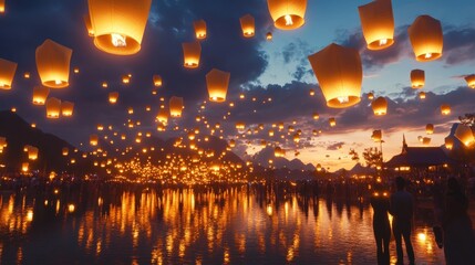 Illuminated lanterns floating over a body of water with many people