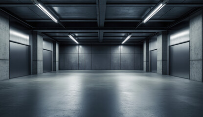 Fototapeta premium The basement room on the bottom floor of the building's parking lot is empty in an industrial cast concrete style. Abstract modern minimal background 