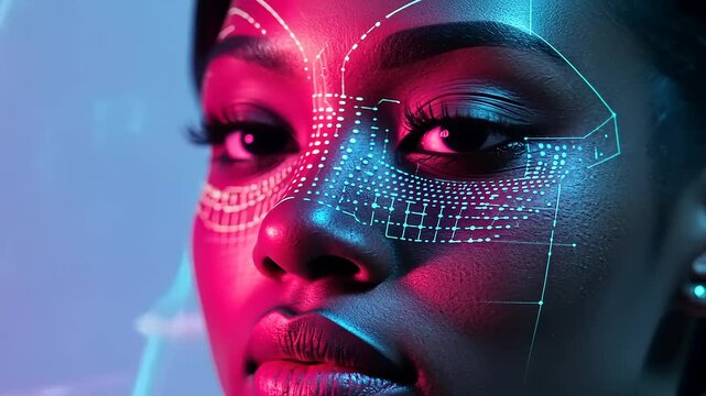 Close-up of a woman's face with digital facial mapping in vibrant colors, showcasing technology and beauty