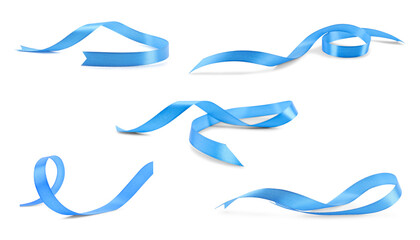 Beautiful blue ribbons isolated on white, set