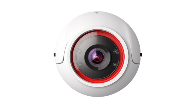 Close up shot of a white and red camera lens on a black background in studio photography styleisolated on transparent background	