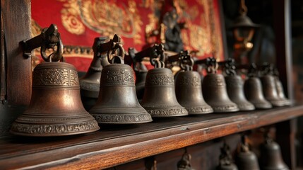 Obraz premium Temple bells lined up on a wooden shelf, ready to be rung before the divine invocation.