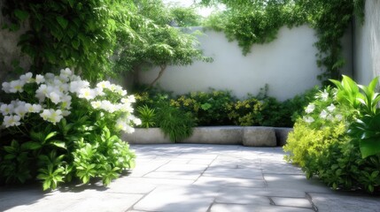 Tranquil, sun-drenched courtyard garden with lush greenery and white flowers