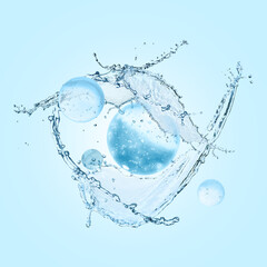 Drops of cosmetic serum and splashing water on light blue background
