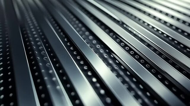Close-up of metallic surface with parallel grooves and holes, showcasing texture and industrial design