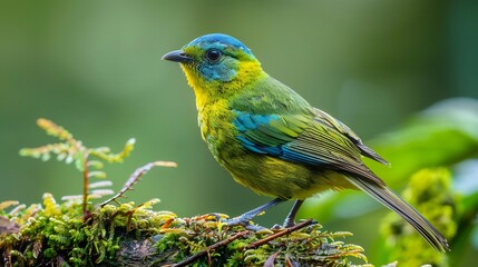 Obraz premium Blue naped chlorophonia perched a mossy branch stunning green and blue feathers reflecting warm natural light ultra detailed professional sharpness