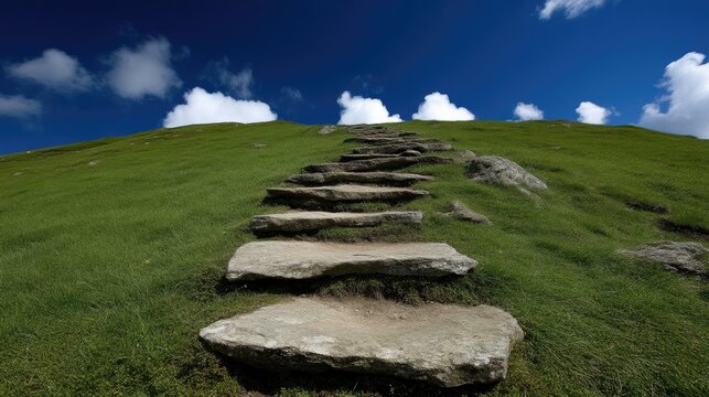 Stone steps lead up a lush green grassy hill toward a bright blue sky with white clouds during daytime.