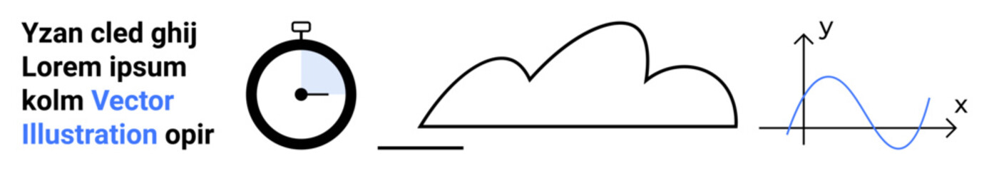 Stopwatch beside a cloud outline, line graph, and placeholder text. Ideal for analytics, progress, timing, data trends, cloud computing, technology and a simple landing page
