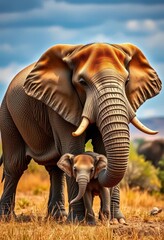 Fototapeta premium A protective elephant mother and her calf in the African savanna, fauna, africa wildlife
