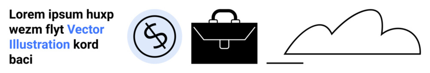 Circular dollar sign, black briefcase, and minimalist cloud icon with lorem ipsum text. Ideal for finance, business, technology, cloud storage, data security, investment simple landing page