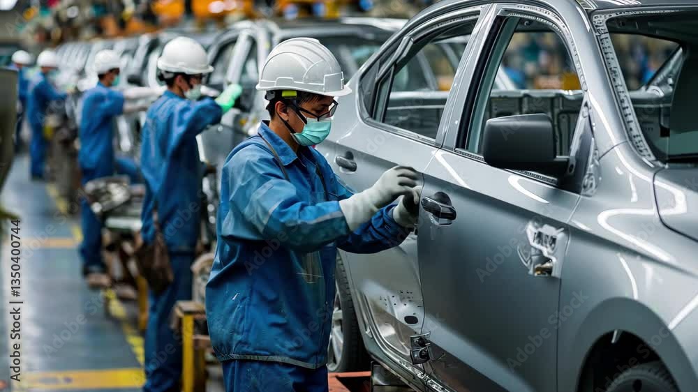 Poster Workers assembling vehicles in a modern factory environment showcasing high-quality craftsmanship at a state-of-the-art automotive plant