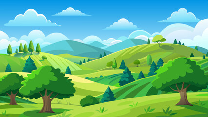 vector of refreshing view of rolling green hills covered with scattered trees, basking under a clear blue sky