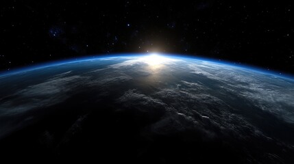 Obraz premium Earth rising, sunrise from space. Vast expanse of space, our planet, clouds, stars, cosmic view, breathtaking