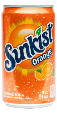 Can of made in USA Sunkist orange flavored soft drink mini (7.5 ounces) on a transparent background PNG	
