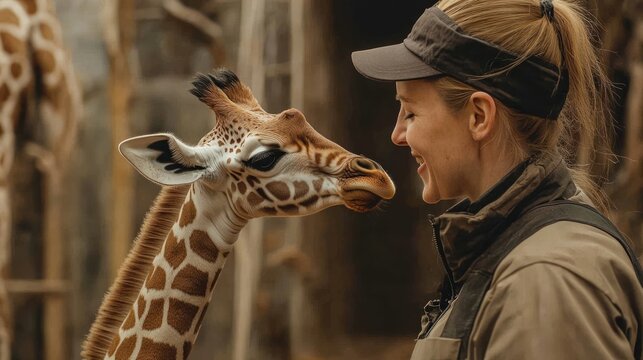 Encounter of minds, Giraffe meets its caretaker with affectionate gaze