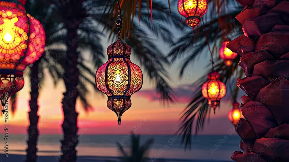 Poster evening glow of lanterns swaying in the breeze near palm trees by the tranquil ocean at sunset