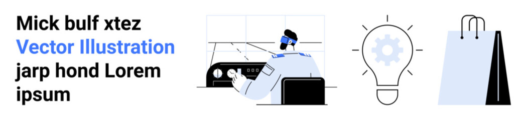 Person working at desk, lightbulb represents creativity, and shopping bag signifies e-commerce. Ideal for innovation, teamwork, design, retail, brainstorming, technology simple landing page