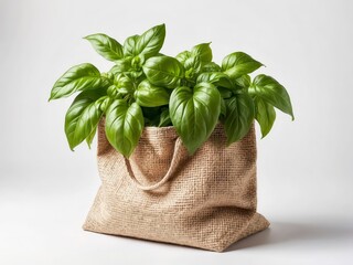 Sustainable jute tote bag filled with vibrant green basil leaves &ndash; zero waste lifestyle and organic food concept 