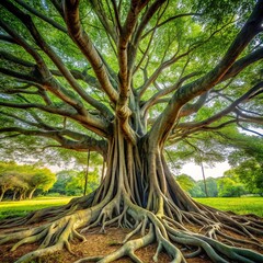 A big, old tree's branches reach toward the sunny sky, its leaves a vibrant spring green in the vast forest landscape