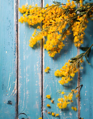 A vibrant bouquet of yellow mimosa blossoms rests on a rustic blue wooden surface. Generative AI