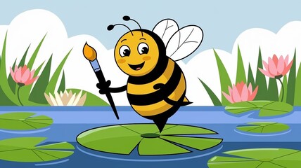 Obraz premium Cartoon bee flying on a flower in a cute and happy nature scene.