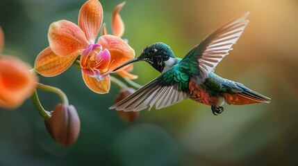 Fototapeta premium Buff tailed coronet hummingbird feeding a delicate orchid rapid wing movement fine feather textures warm natural light ultra realistic macro shot
