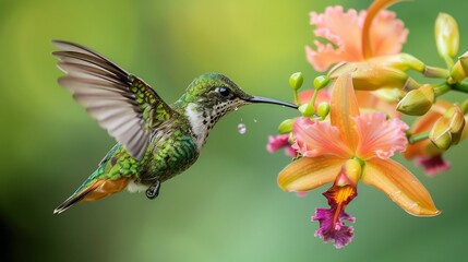 Fototapeta premium Buff tailed coronet hummingbird feeding a delicate orchid rapid wing movement fine feather textures warm natural light ultra realistic macro shot