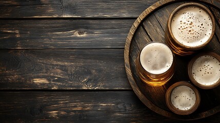 Frothy beer in various glasses on a wooden tray.