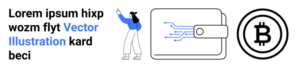 Woman gesturing towards a digital wallet featuring circuits and Bitcoin logo. Ideal for cryptocurrency use, blockchain, fintech, digital payments, virtual currency, investments, simple landing page